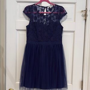 Blue Fit and Flare Dress with Flutter Cap Sleeves for Weddings $ Tulle Skirt